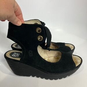 Fly London Yaffa black leather wedge peep toe sandals women's size 39 8.5 casual